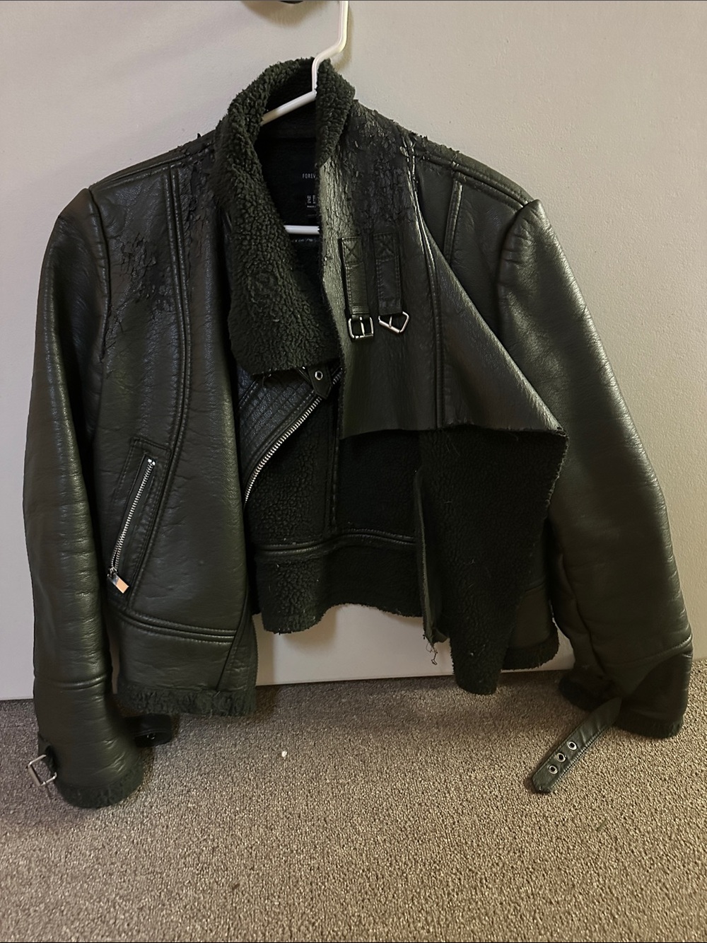 Womens green Faux Shearling Aviator Jacket. worn. Use for creative project